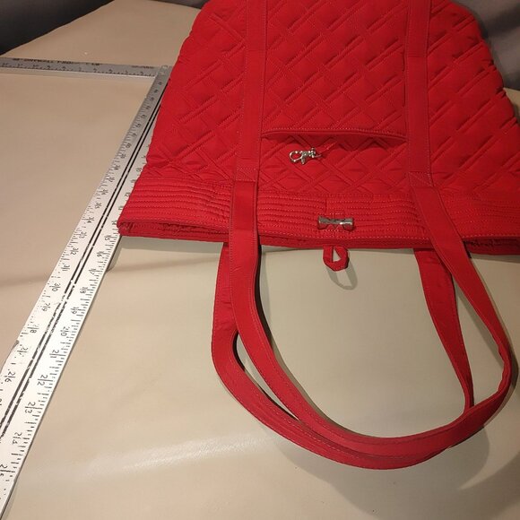 Large Vera Bradley Tall Quilted Red Tote Bag Interior Pockets Colorful Lining - Picture 3 of 13
